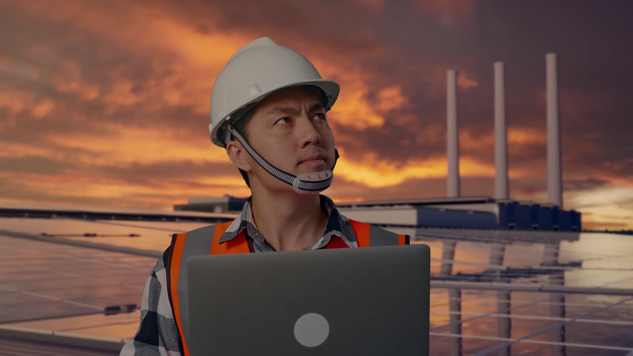 Close Up Of Asian Male Engineer With Safety Helmet Working On A Laptop And Looking Around While Standing, Inspecting Solar Panels on Rooftop at Sunset