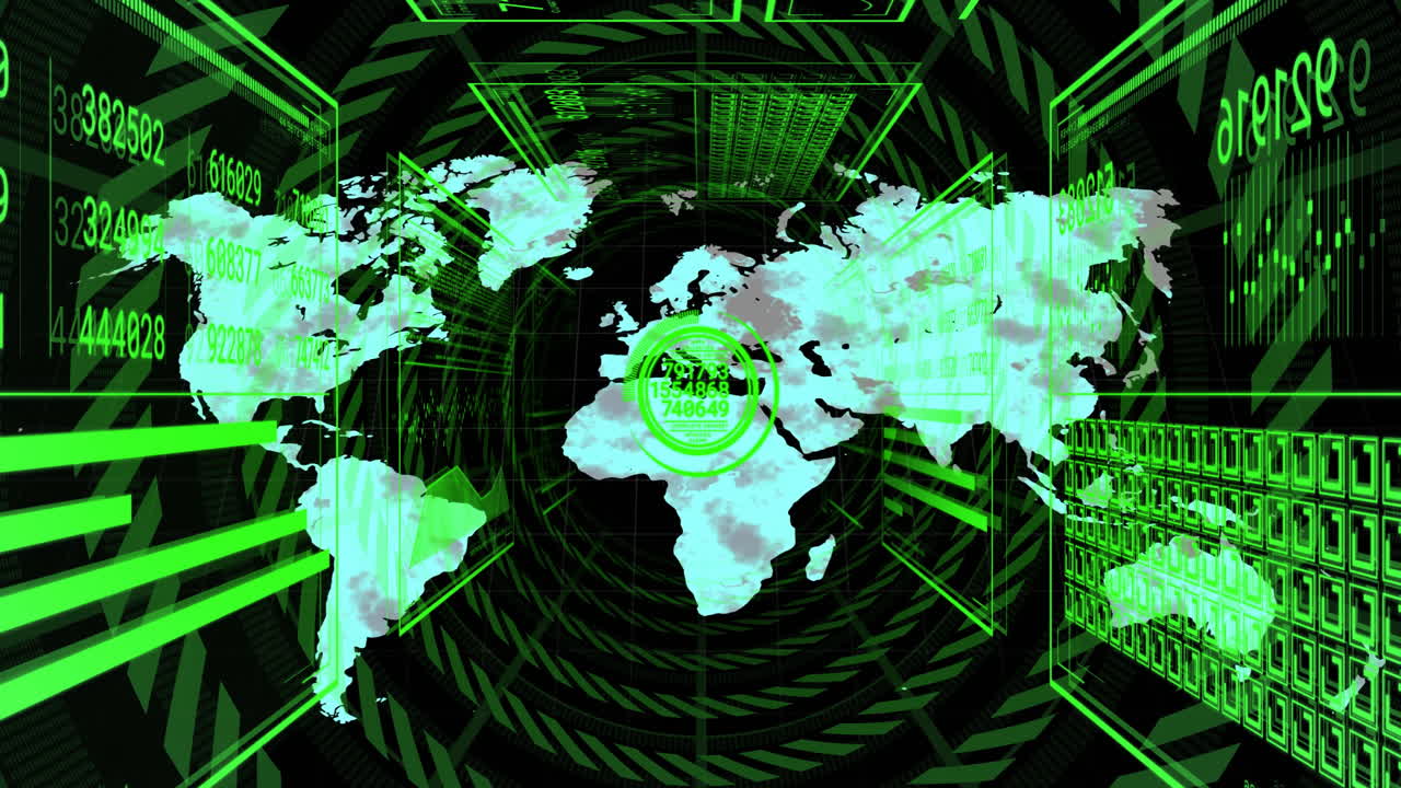 Animation of digital world map with green data and target graphics overlay