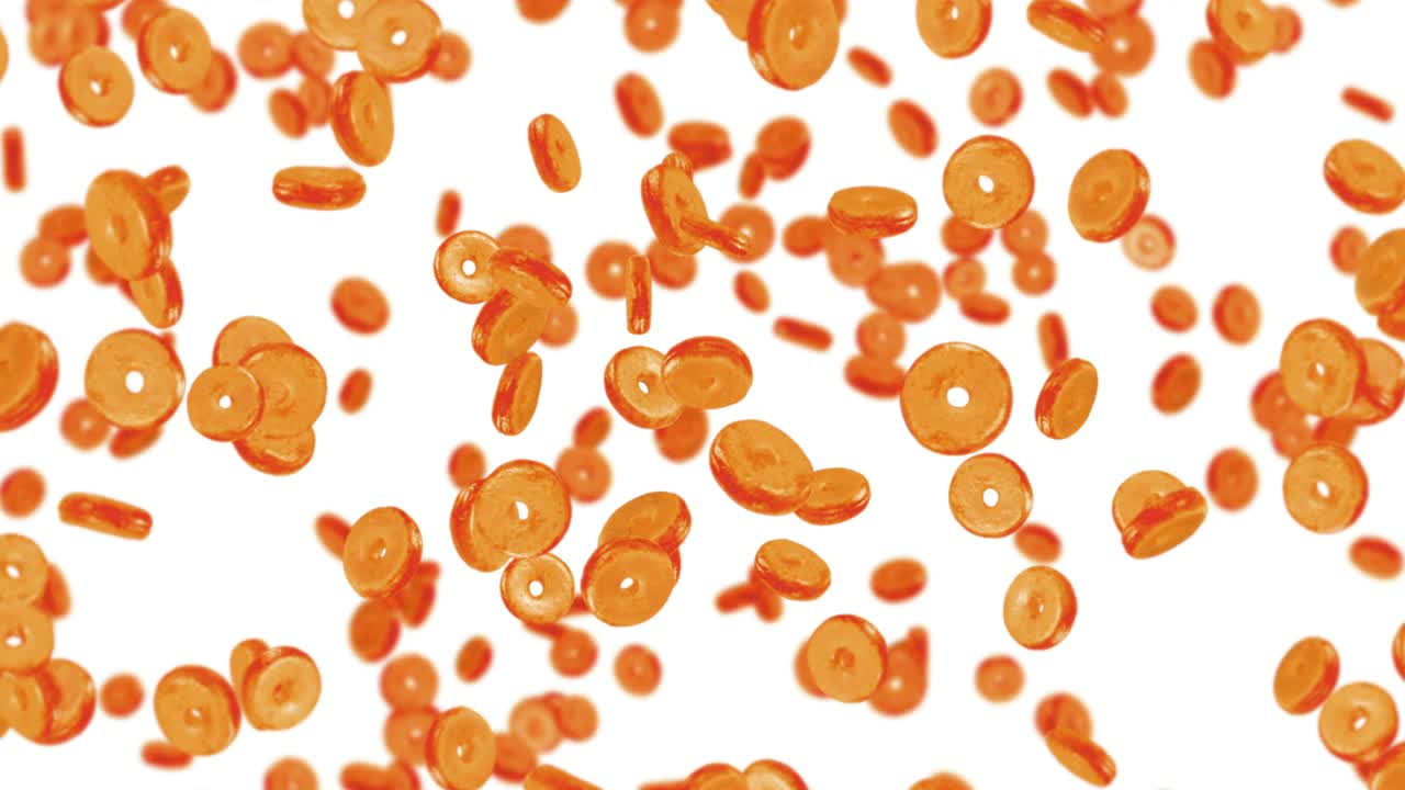 색 배경에 많은 평평한 도을 날아. 도 케이크, 과자, 디저트. 도 회전의 3d 애니메이션. 루프 애니메이션.