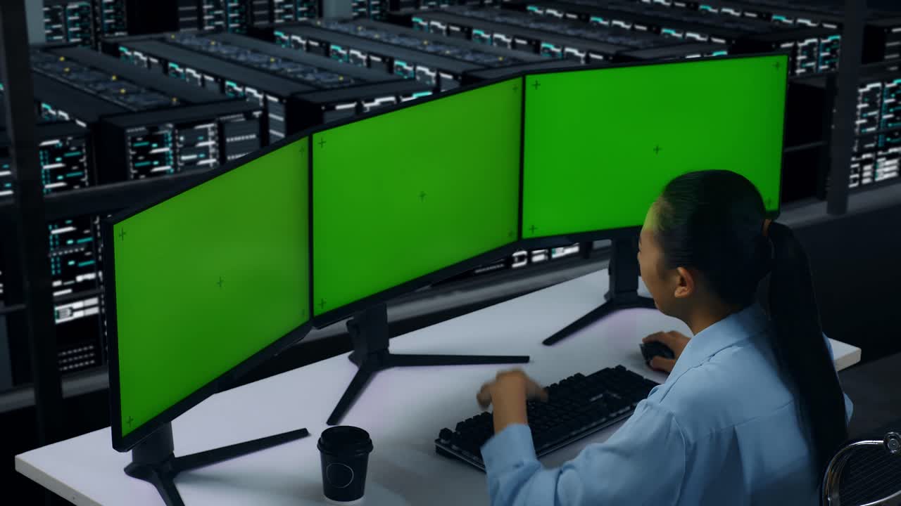 vista lateral de una mujer asiática que tiene dolor de cabeza mientras trabaja con múltiples monitores de computadora simulados en un centro de datos