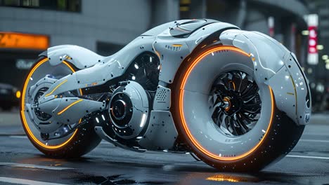 futuristic white motorcycle with glowing wheels on a city street