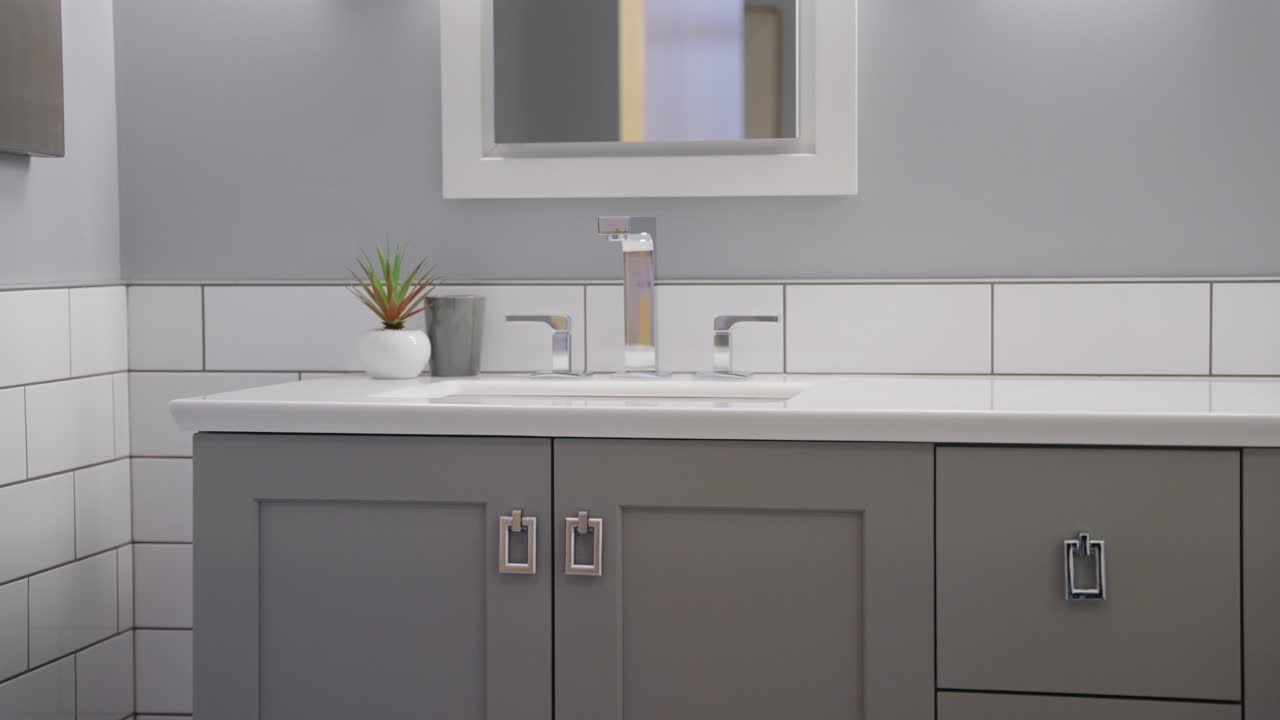 lavabo moderno blanco y gris con una planta en un condominio de baño