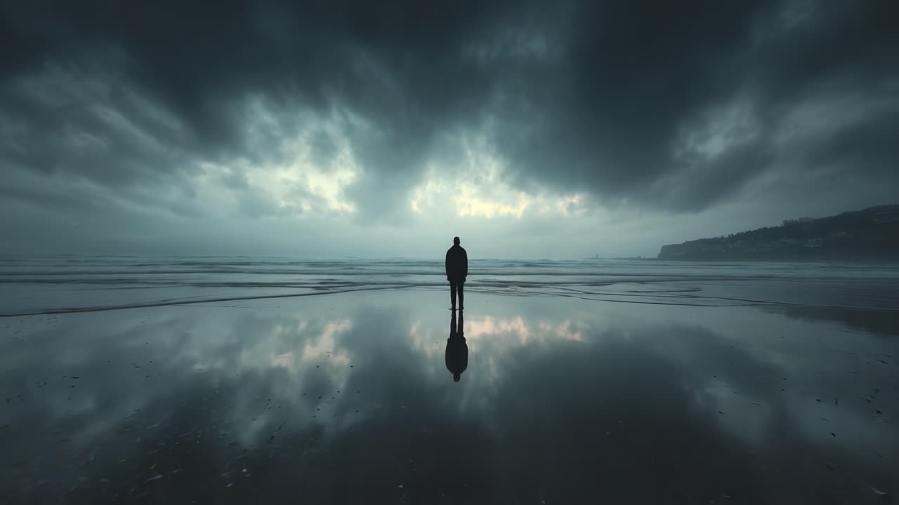 Uma figura solitária está em uma praia com reflexos, observando o céu sombrio cheio de nuvens escuras e luz suave, capturando um momento de introspecção e tranquilidade.