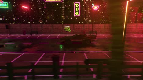 car and city in neon style. 80s retro wave background 3d animation. retro futuristic car drive through neon city. 3d animation of seamless loop