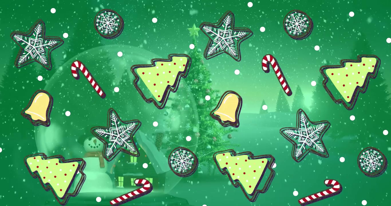 Animación de patrón navideño, árbol y muñeco de nieve en una bola de nieve y nieve cayendo sobre fondo verde.