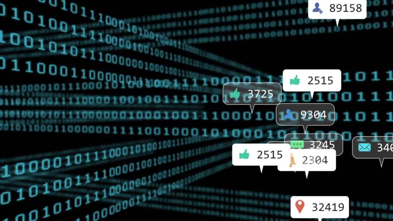 Left-edge spawning notification badges floating in teal binary tunnel, clustering to show feed