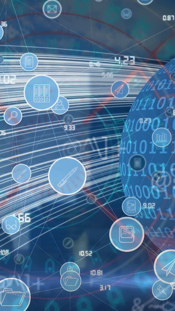 animación de la red de conexiones, iconos y procesamiento de datos en todo el mundo