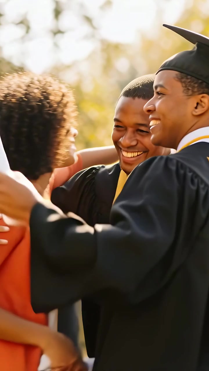 Vertical video: Hugging loved ones celebrating graduate cap and gown with gold stole after diploma