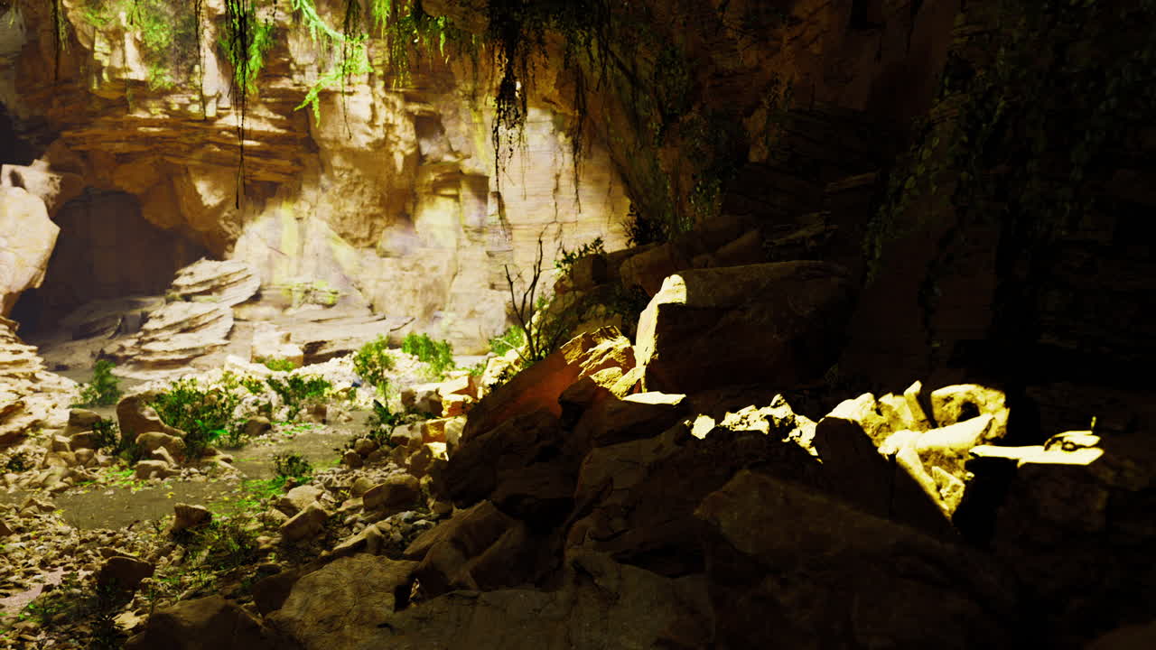 Exploration of a hidden cave with vibrant foliage and rocky formations