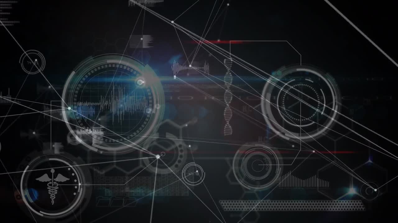 Animation of network of connections and data processing on black background