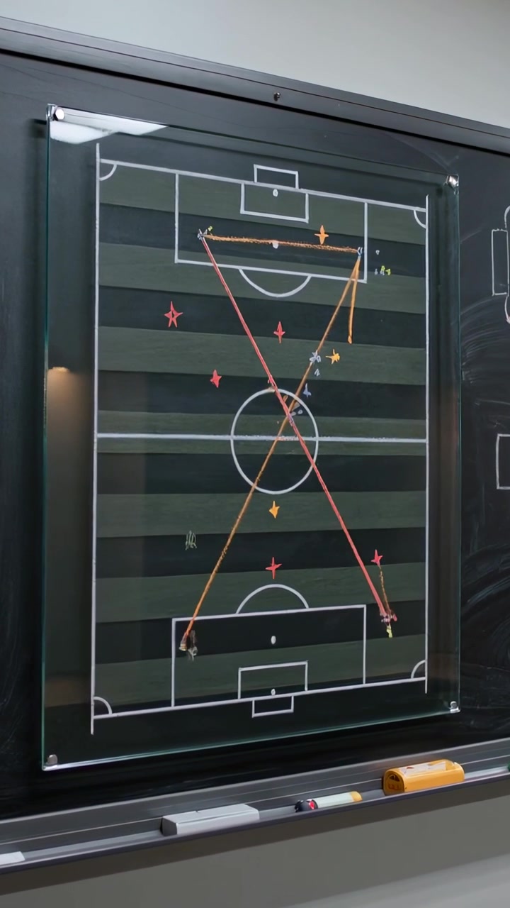 Vertical video: Showing pitch board on chalk wall with first markers, drawing pass plan to attack