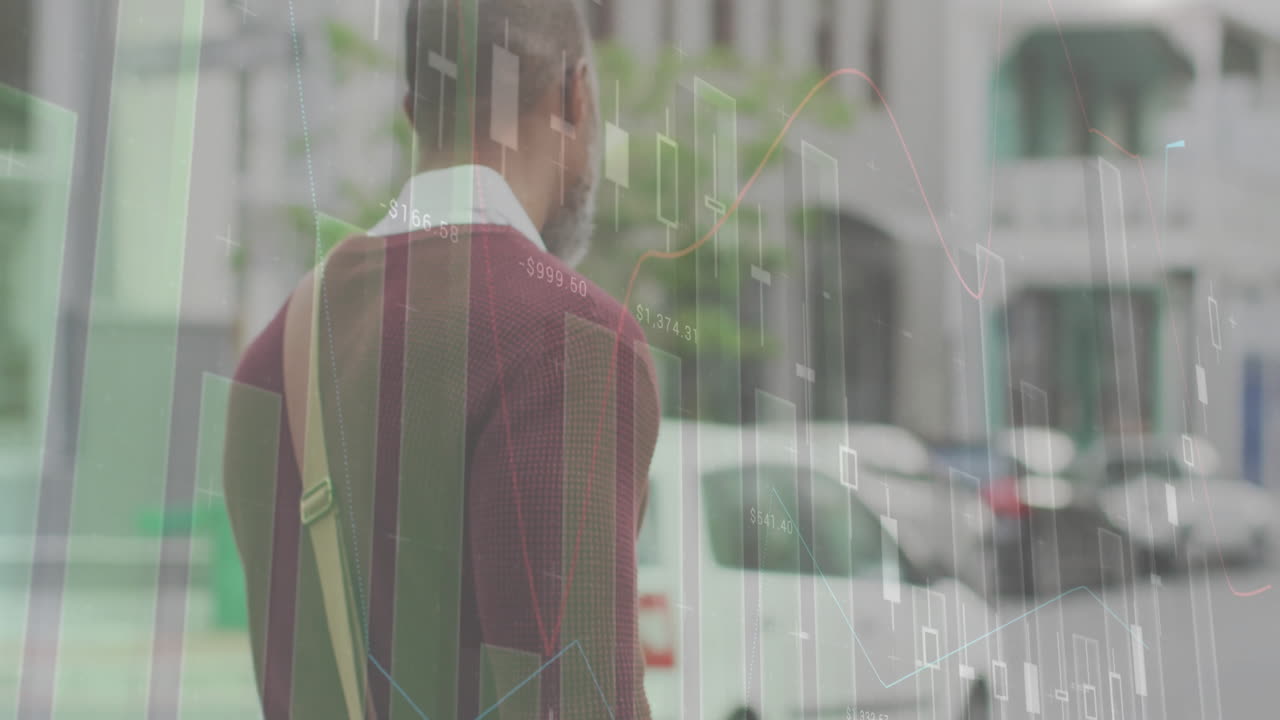 animación de procesamiento de datos financieros sobre hombre afroamericano con bicicleta en el camino