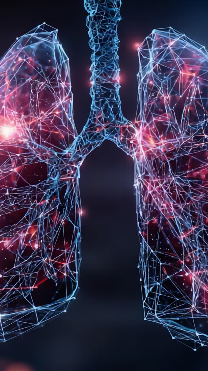 Una visualizzazione straordinaria dei polmoni umani rappresentati come una rete digitale, che mette in mostra le complessità e la bellezza dell'anatomia respiratoria attraverso la tecnologia e l'arte