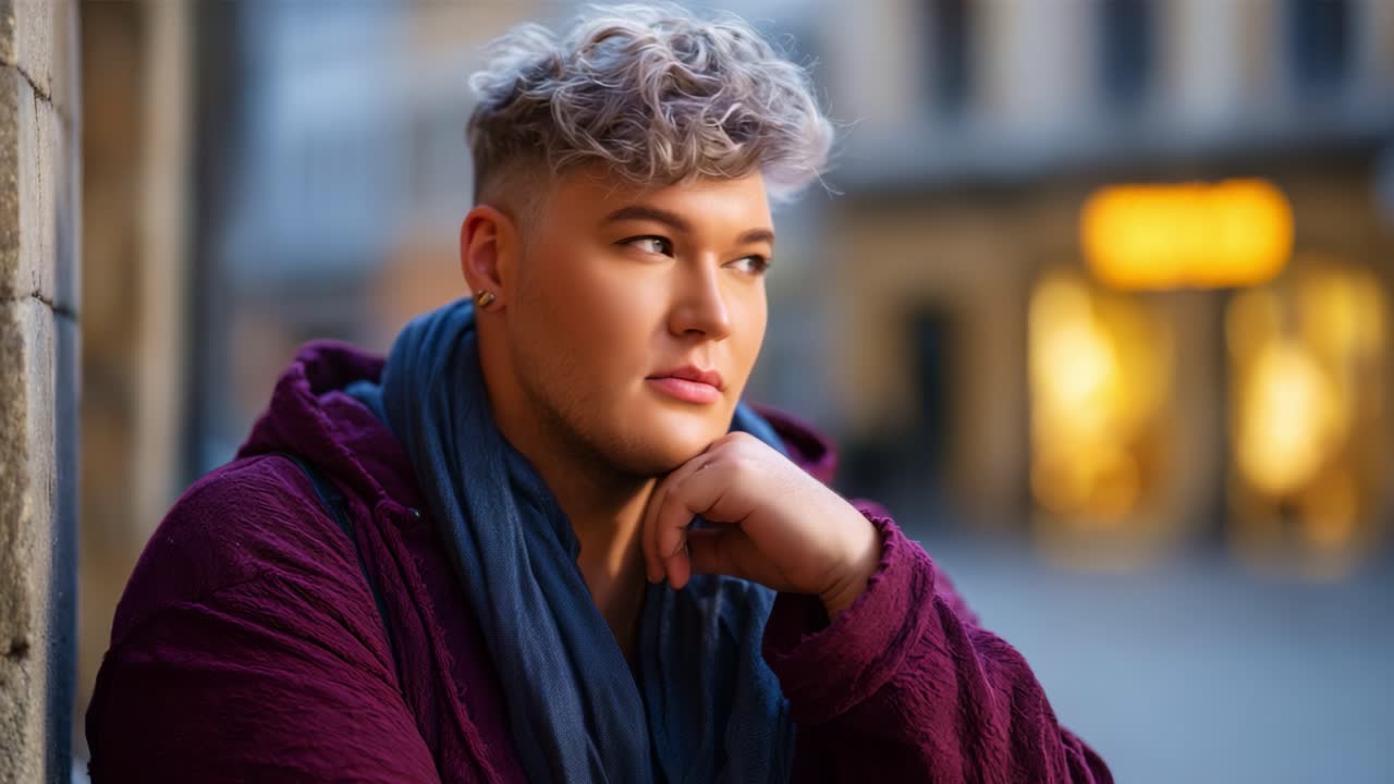 Un individuo pensieroso con eleganti capelli ricci posa in un ambiente urbano vivace, esprimendo introspezione e contemplazione durante l'ora d'oro, mettendo in mostra emozione e stile