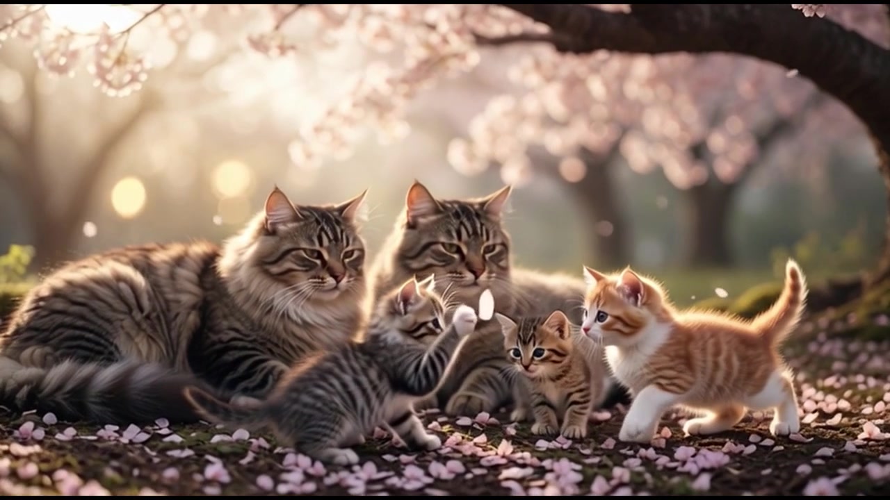 Famiglia di gatti che riposa sotto un ciliegio in fiore