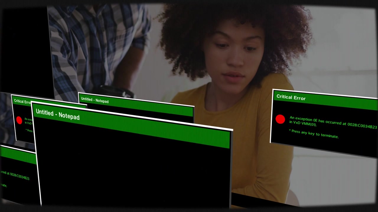 Woman and man sorting cards, error dialogs appearing, rotating and obscuring faces for tech review
