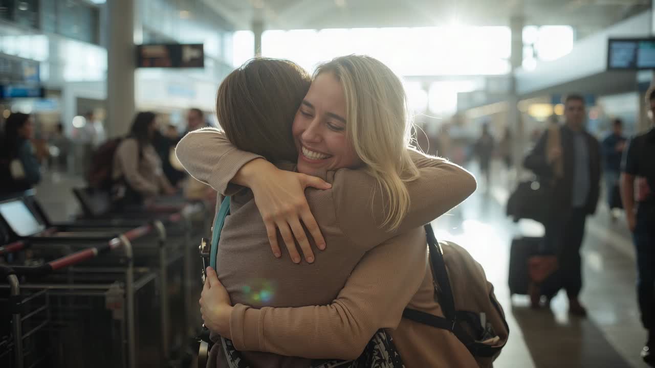 Donne che si abbracciano e si ritrovano, scambiandosi un abbraccio in un affollato terminal aeroportuale, con zaini e trolley visibili