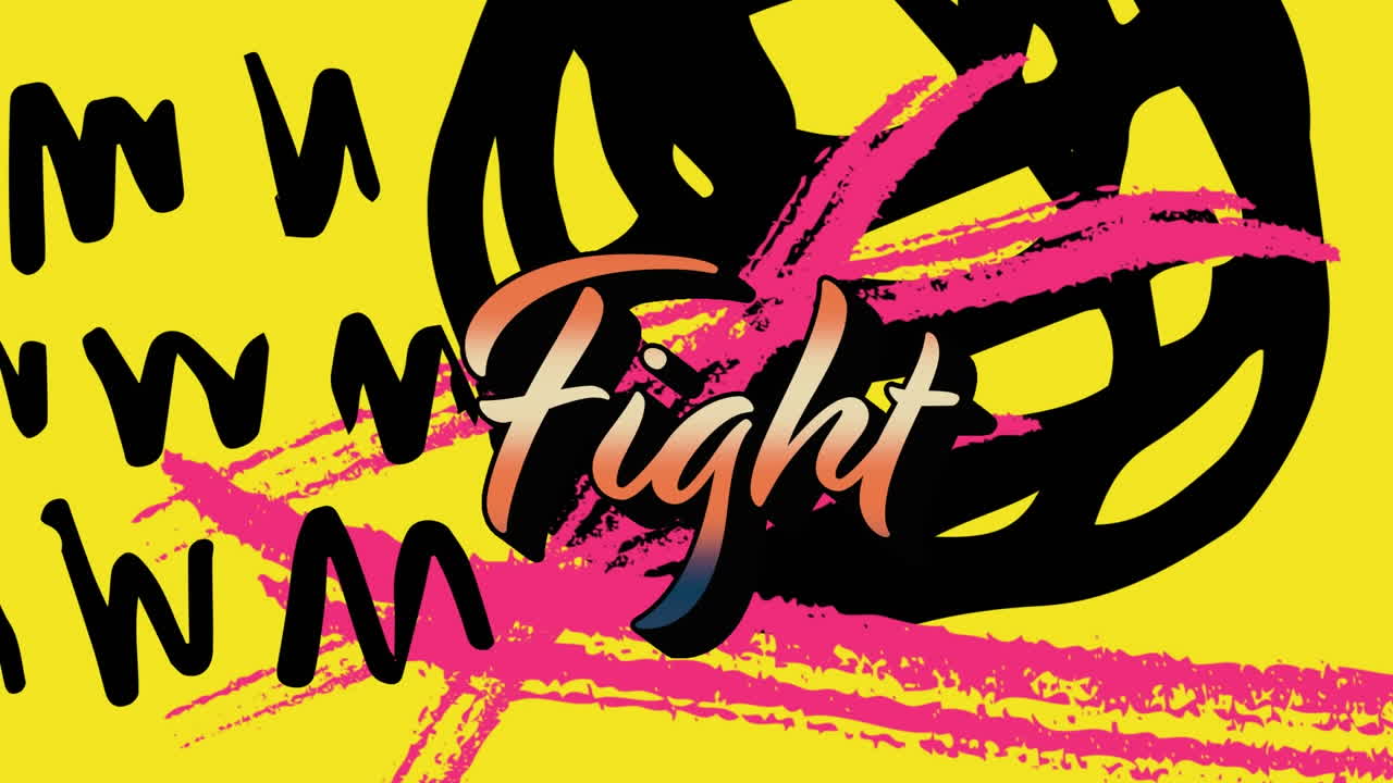 Animation af teksten "fight" over former på gul baggrund.