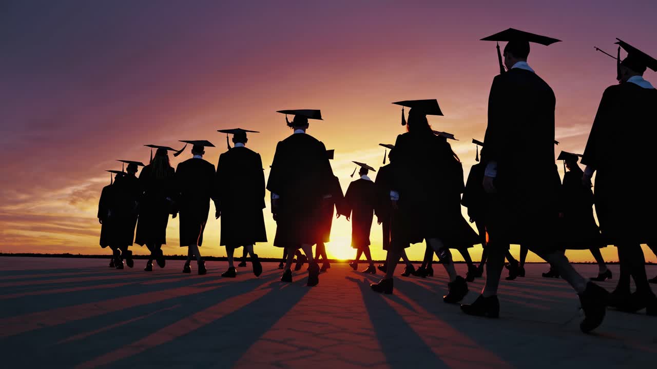Silhouetted graduates walk towards a sunset, captured from a low-angle, evoking a sense