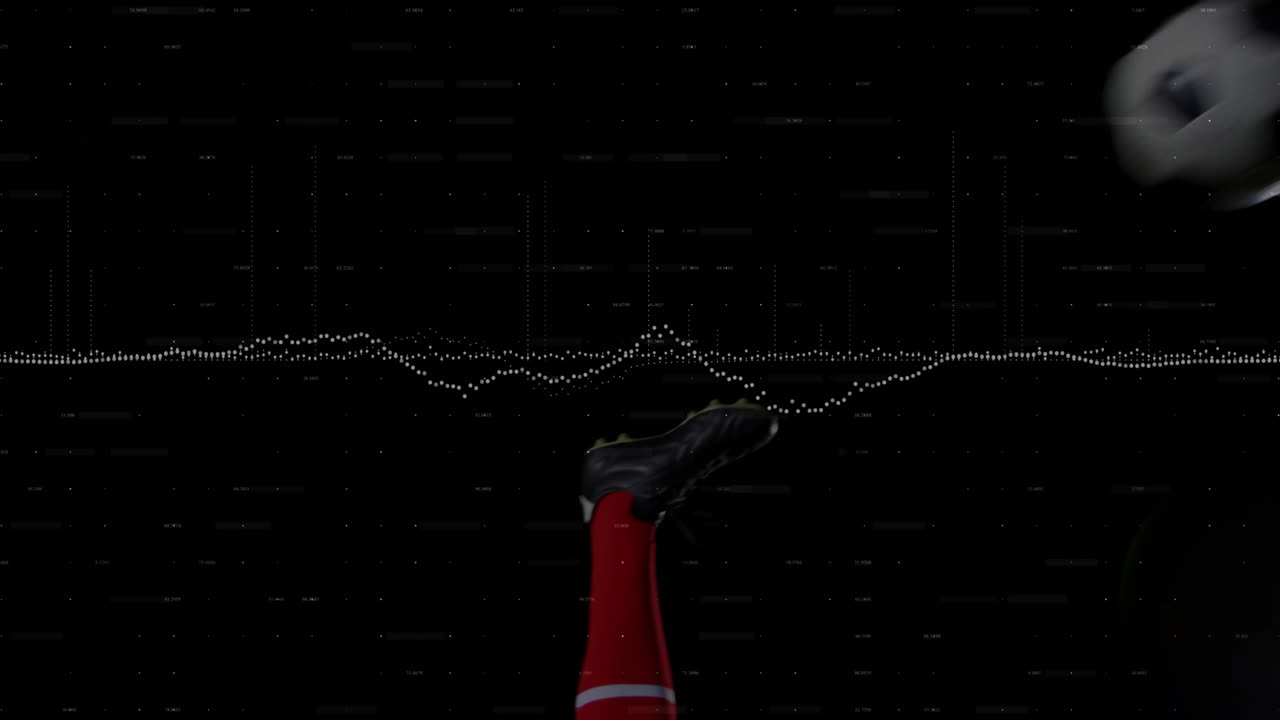 soccer player leg kicking in studio, with sports technology waveform and data visualization