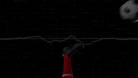 soccer player leg kicking in studio, with sports technology waveform and data visualization