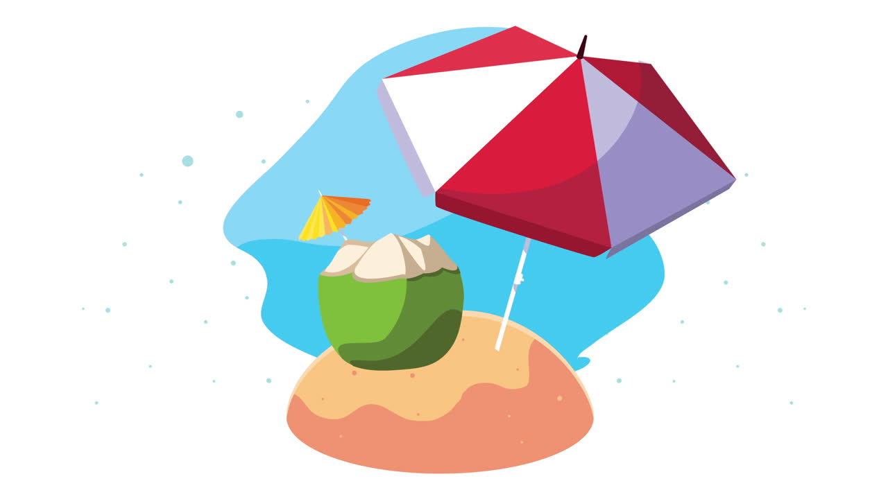 temporada de verano en la isla con coco y paraguas