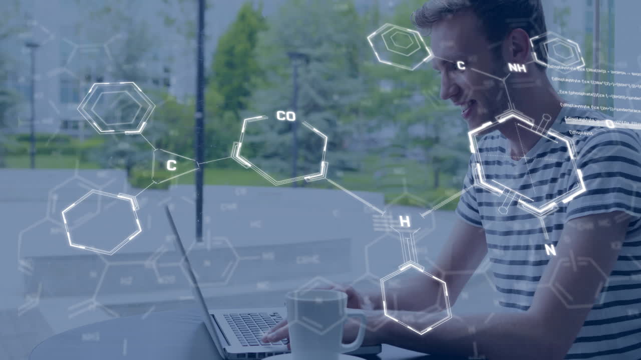 Animation of elements and data processing over happy caucasian male student using laptop in cafe