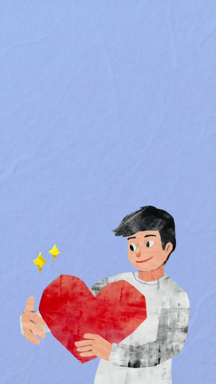 A whimsical illustration of a person holding a heart, viewed from a low angle
