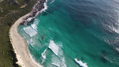 Vuelo-Aéreo-Vista-De-Arriba-Hacia-Abajo-Idílica-Playa-Vacía-Agua-Turquesa-Y-Paraíso-De-Arena-Blanca