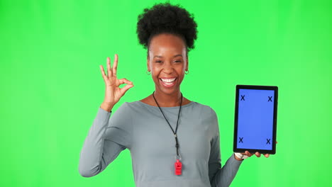 Green-screen,-tablet-and-woman-face-with-perfect
