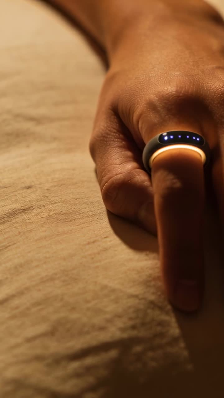 Video verticale: Mostra la mano destra di un singolo adulto che riposa su un panno beige mentre un anello intelligente si illumina