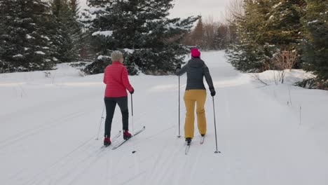 Two-female-friends,-cross-country-skiing-in-Homer-Alaska