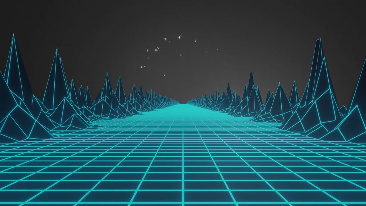Glowing blue lines and geometric mountains in futuristic grid animation landscape