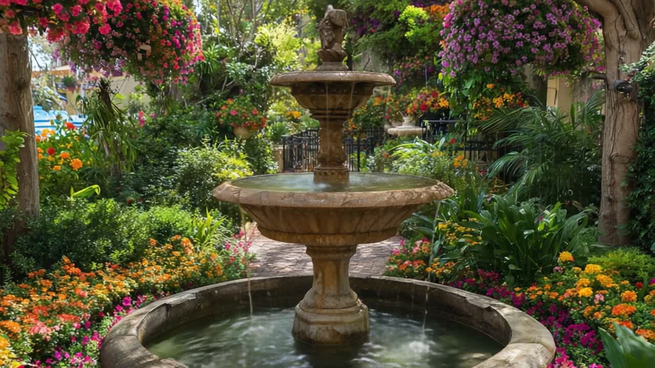 A Tranquil Garden Scene Featuring a Majestic Three-Tiered Fountain Surrounded by Vibrant Flowers and Lush Greenery, Capturing the Essence of Nature's Beauty