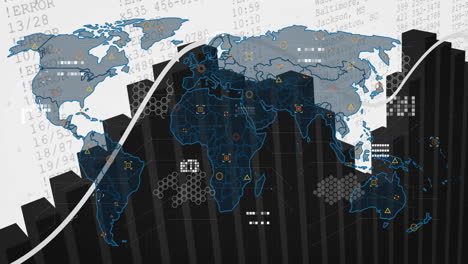 animation of world map and digital data processing over statistics