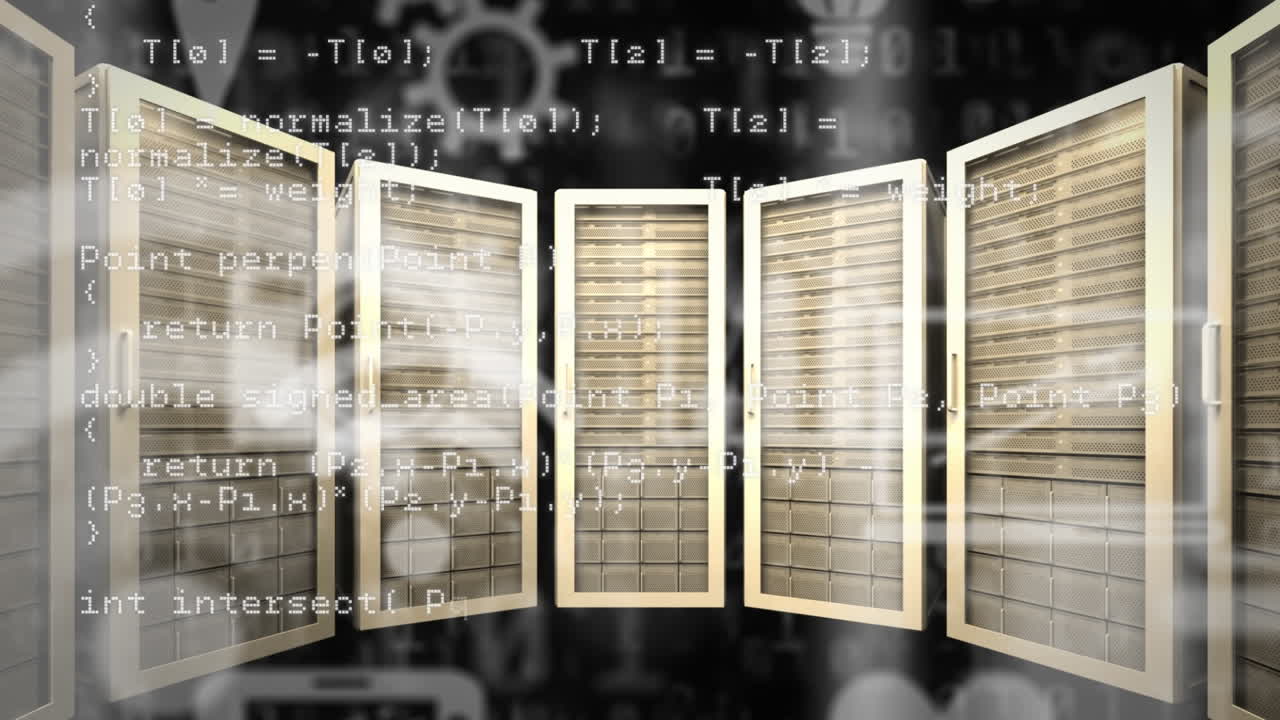 Animation of data processing and media icons over server room