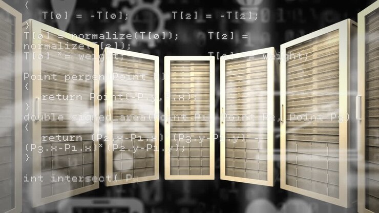 Animation of data processing and media icons over server room