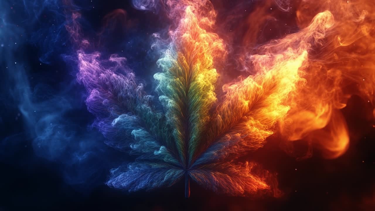 Leaf-shaped smoke on dark bg. Vibrant smoke takes the form of a leaf, blending hues of blue, orange, purple, and red in a dark atmosphere.