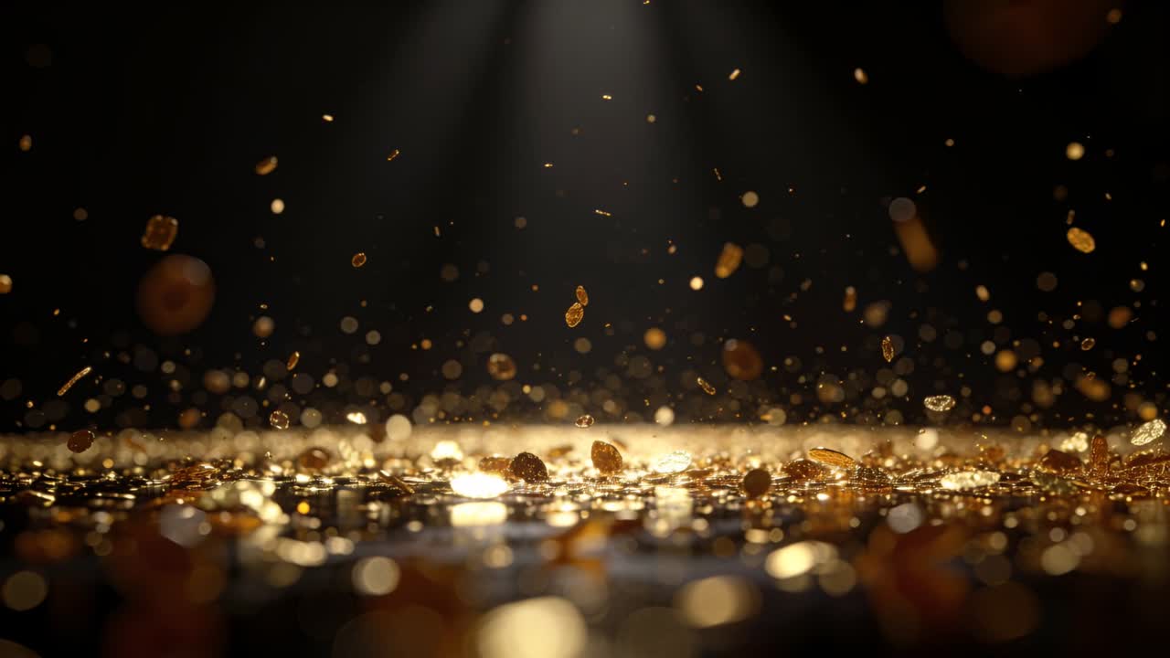 Monete e scaglie d'oro che reagiscono a un getto d'aria, sollevandosi e poi depositandosi su un pavimento lucido per marketing.