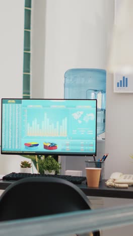 Vertical video PC screen in company office showing trading platform and pie charts graphs