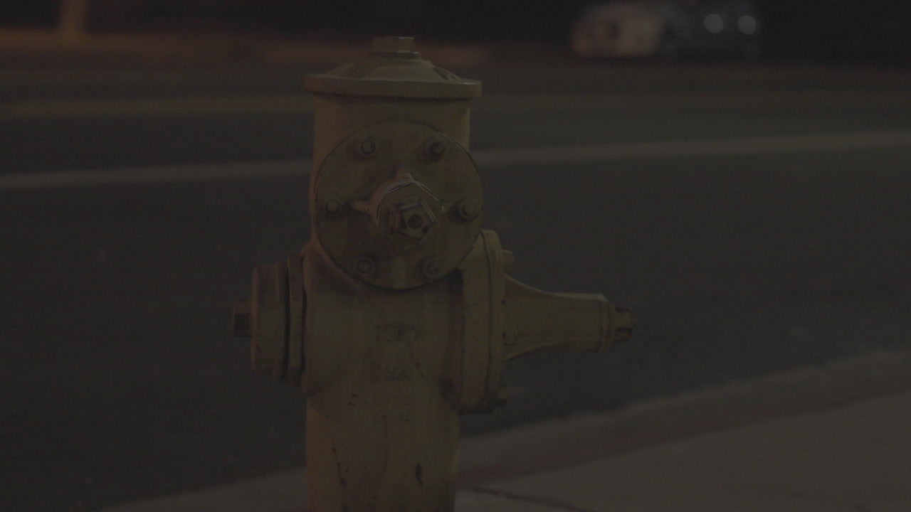 노란색 소화전과 밤 노호산책로에서 교통량이 많은 거리