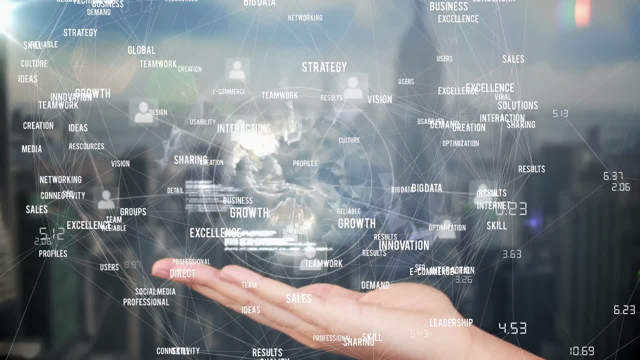 도시 풍경 위의 금융 데이터 처리 애니메이션