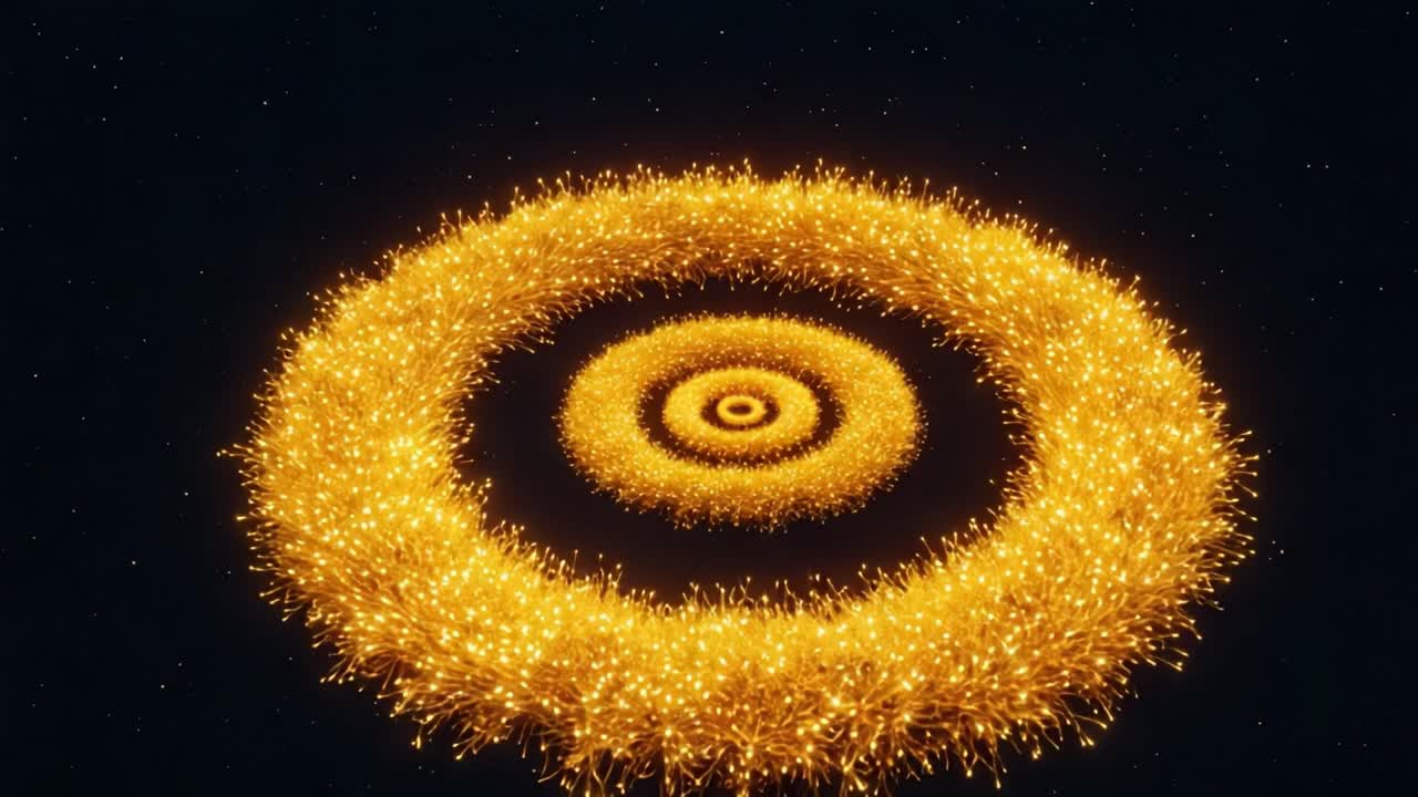 A Mesmerizing Visual Symphony: A Brilliant Spiral of Glowing Particles Forming a Cosmic Ring Against the Infinite Darkness of Space