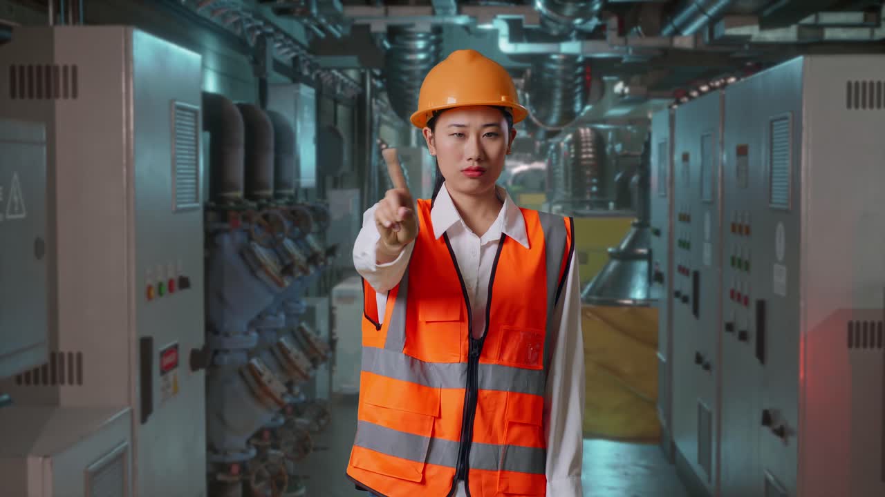 Engineer Gesturing "Stop" in Industrial Facility
