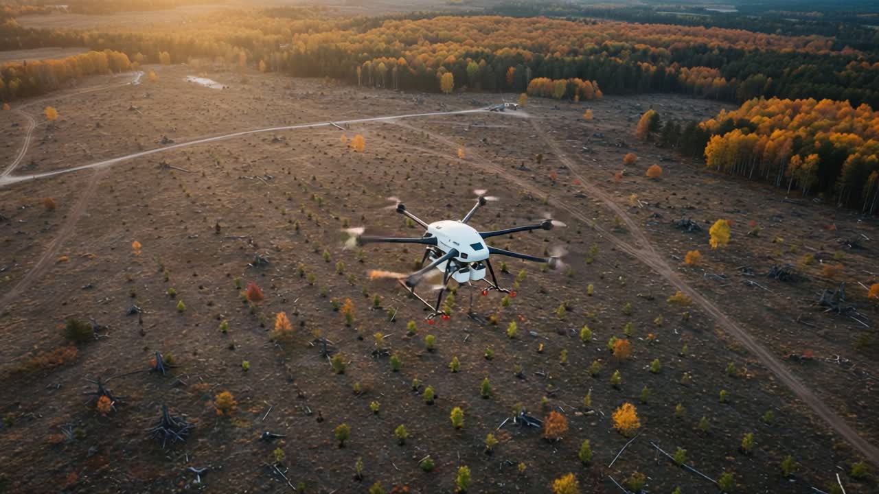 Aerial View of Advanced Drone Maneuvering Over a Cleared Landscape with Autumn Foliage and Deforested Areas Under a Golden Sunset in an Expansive Sky