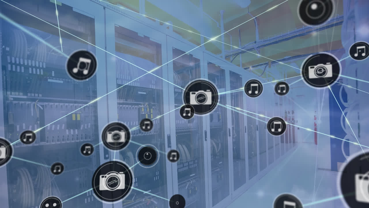 Animation af netværk af forbindelser med ikoner over serverrum