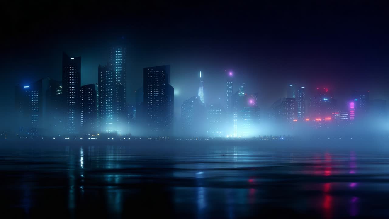 A stunning view of a futuristic cityscape illuminated by vibrant neon lights reflecting on calm waters at night, creating a mesmerizing atmosphere with a blend of fog and urban architecture