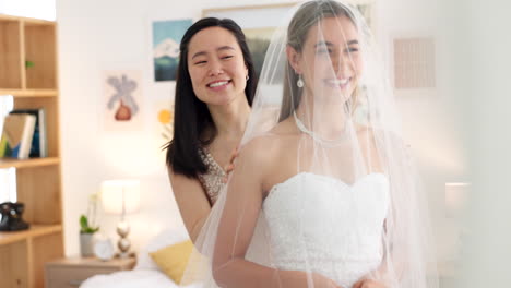 wedding veil of woman with friends help