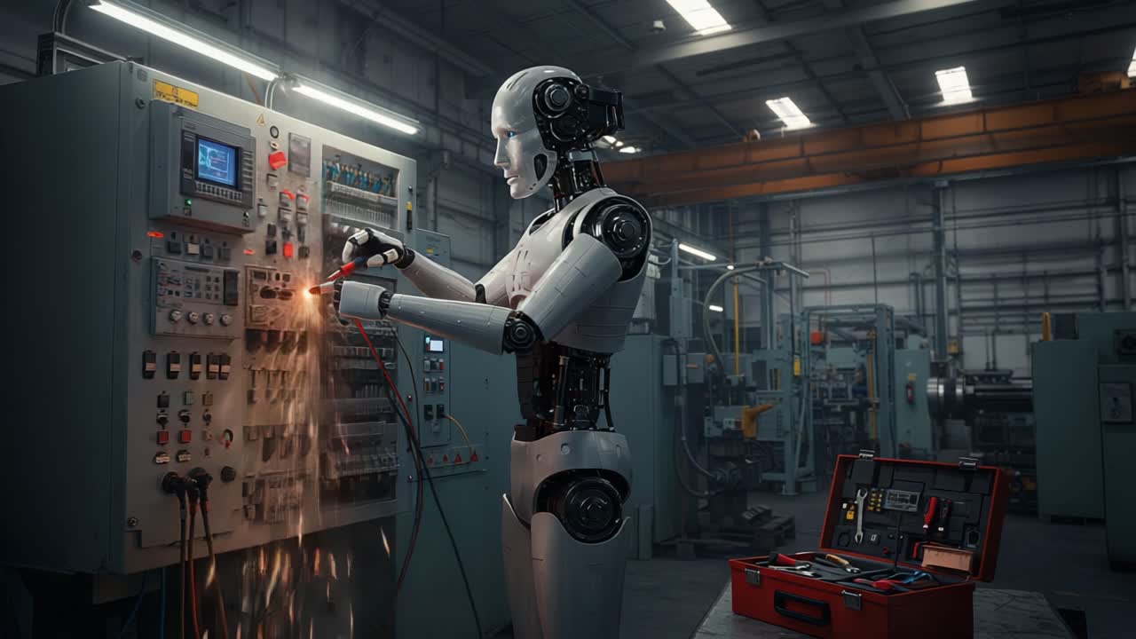 A futuristic robot technician meticulously working on complex machinery, skillfully welding and troubleshooting while surrounded by advanced industrial equipment and tools in a modern workshop environment