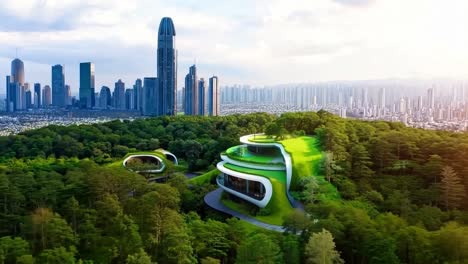 a green building in the middle of a lush green forest